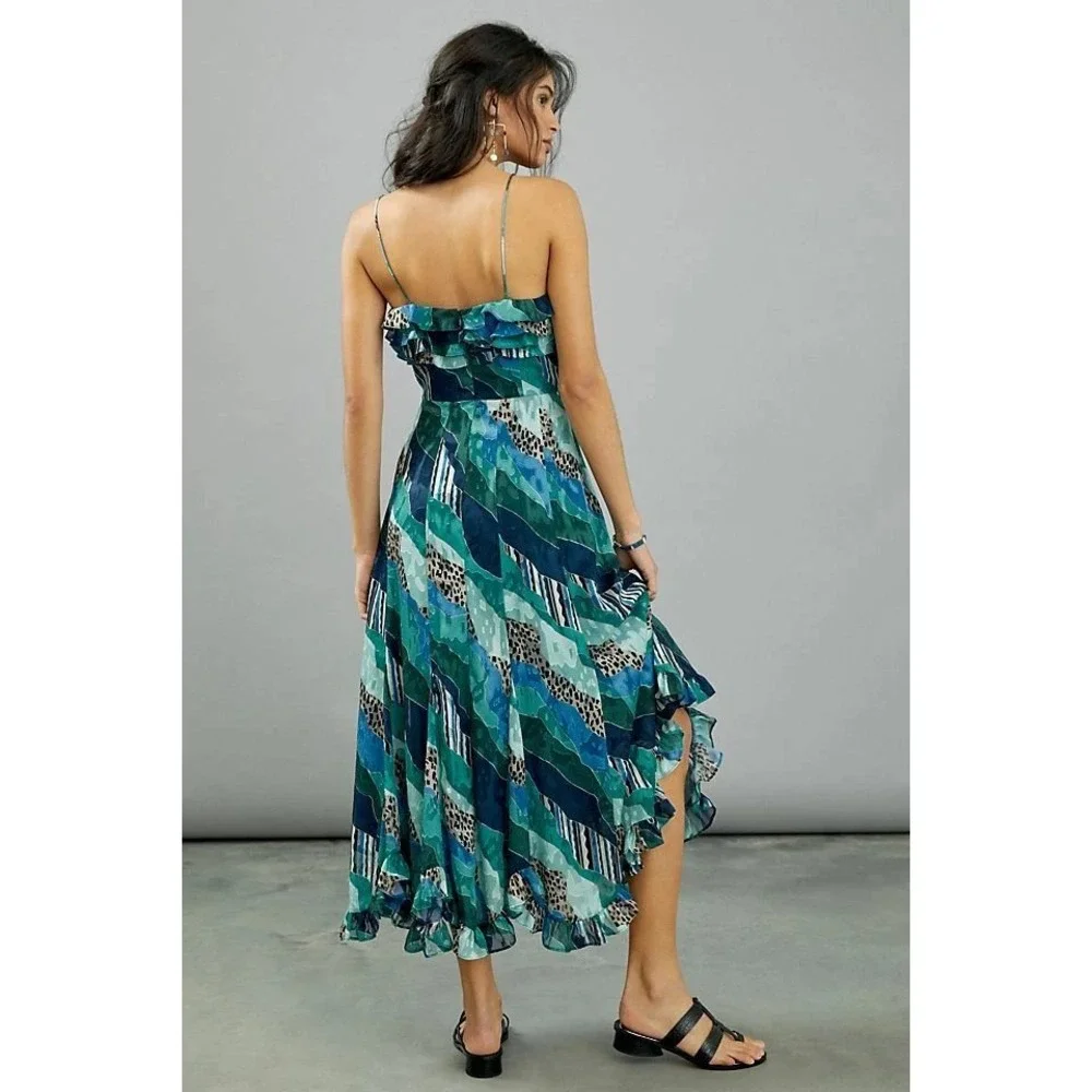 Hutch Maxi Dress 00 Blue Teal Abstract Leopard Ruffle Spaghetti Strap 10247